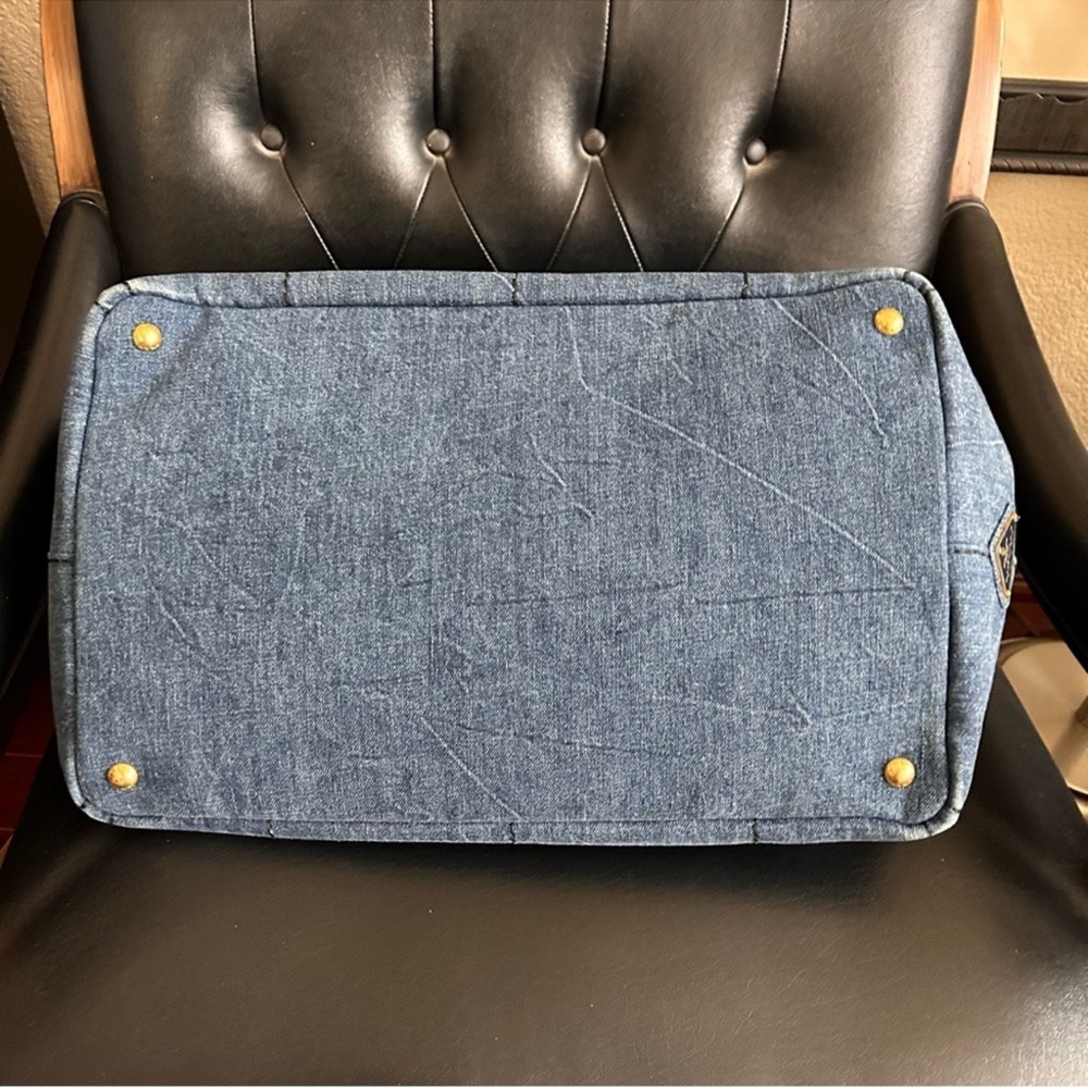 Auth large PRADA Canapa Blue Denim Tote Bag gold hardware rolled handle - Picture 5 of 14